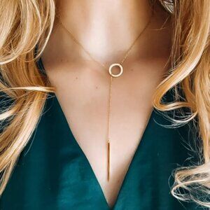 Gold Round Locket Open Circle Y Pendant Necklace With Bar Stainless Steel‎
